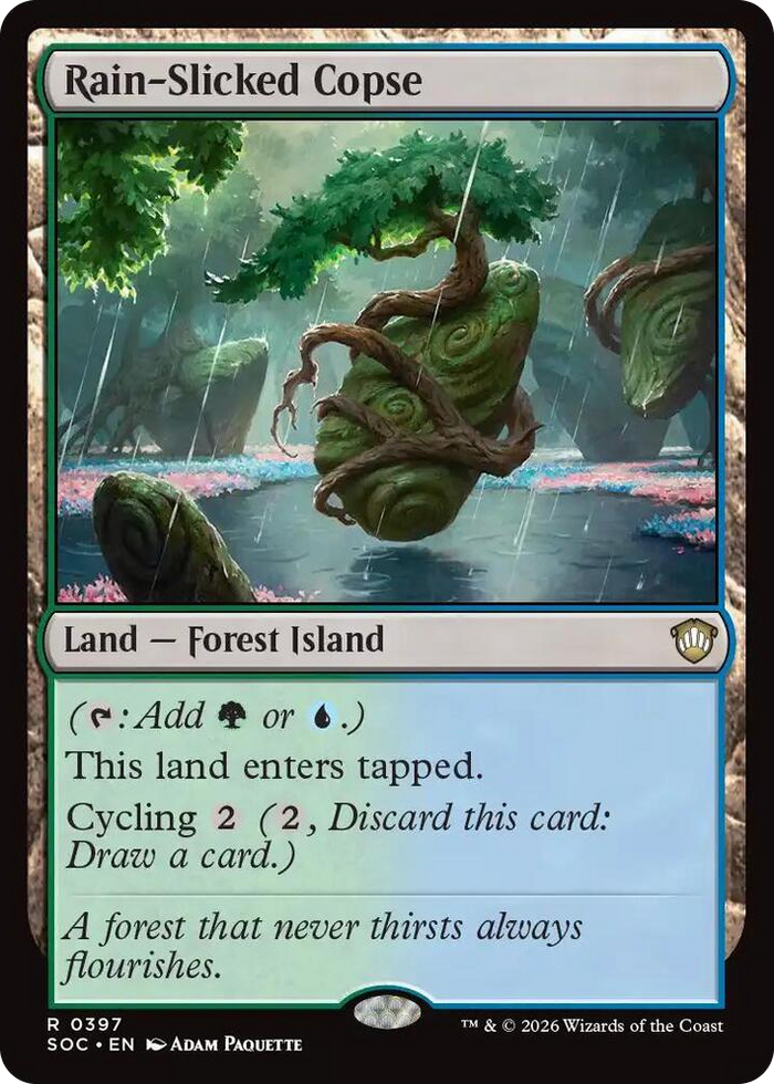 Rain-Slicked Copse #397 R - Commander: Secrets of Strixhaven Pokemon card
