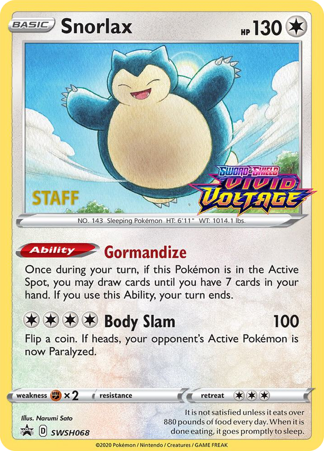0068 Snorlax - SWSH068 (Prerelease) [Staff] Promo Sword & Shield Promo Cards