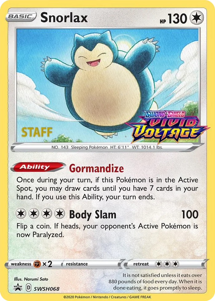 0068 Snorlax - SWSH068 (Prerelease) [Staff] Promo Sword & Shield Promo Cards