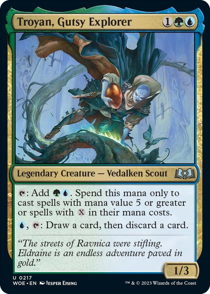 Troyan, Gutsy Explorer #217 U - Wilds of Eldraine Pokemon card