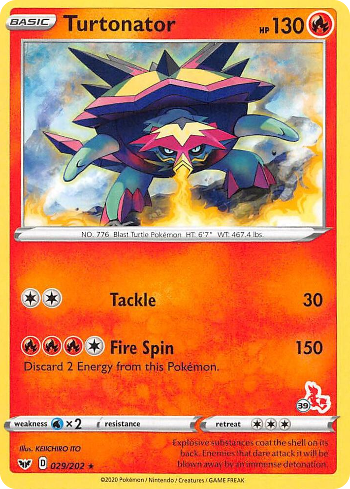 0029 Turtonator - 029/202 (#39 Cinderace Stamped) Promo Battle Academy 2022