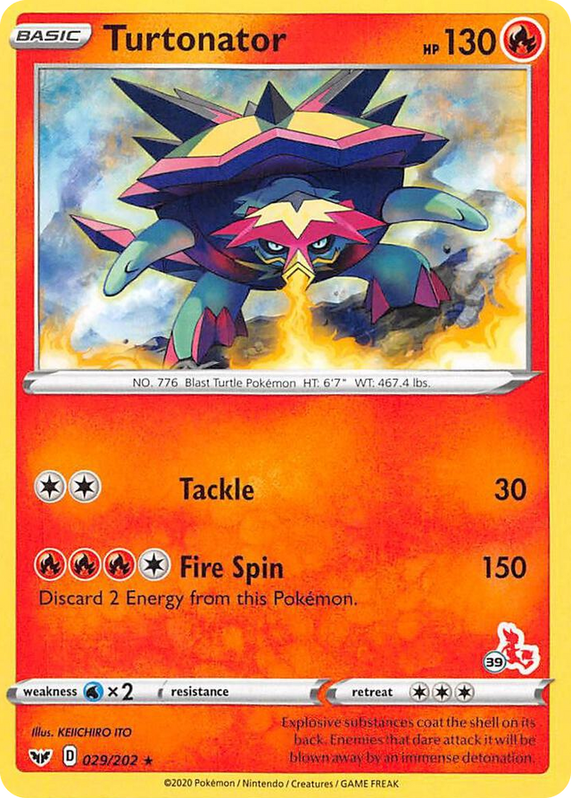 0029 Turtonator - 029/202 (#39 Cinderace Stamped) Promo Battle Academy 2022