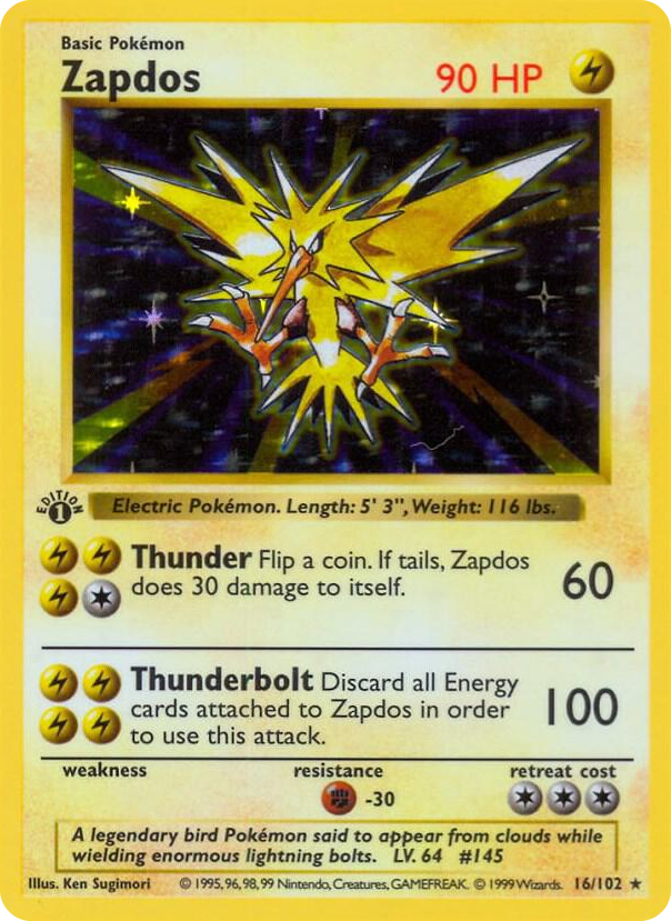 0016 Zapdos Holo Rare Base Set (Shadowless)