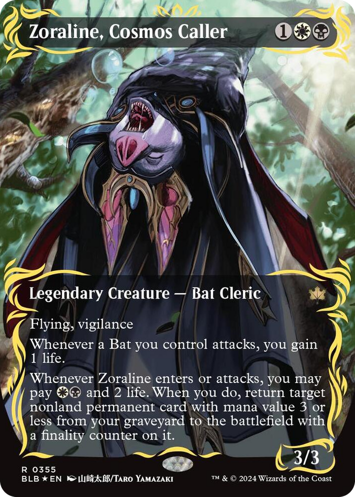 Zoraline, Cosmos Caller (Borderless) (Raised Foil) #355 R - Bloomburrow Pokemon card