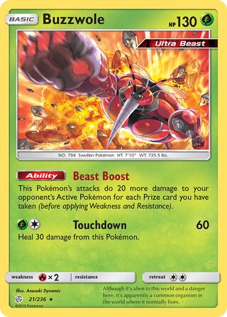 Buzzwole #21/236 Holo Rare - Cosmic Eclipse Pokemon card