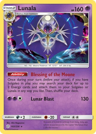 Lunala #102/236 Holo Rare - Cosmic Eclipse Pokemon card