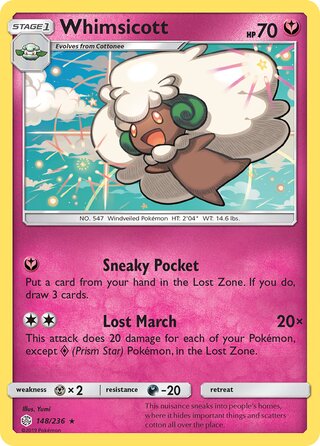Whimsicott #148/236 Rare - Cosmic Eclipse Pokemon card