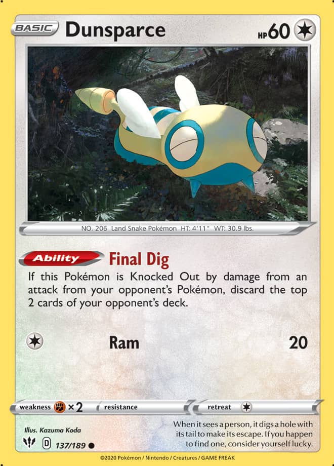Dunsparce #137/189 Common - Darkness Ablaze Pokemon card