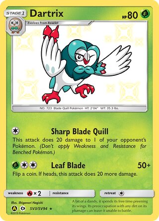 Dartrix #SV3/SV94 Shiny Holo Rare - Hidden Fates Pokemon card