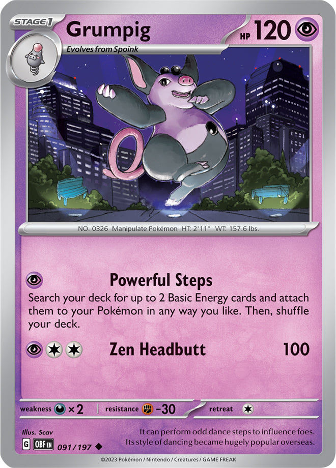 Grumpig #91/197 Uncommon - Obsidian Flames Pokemon card
