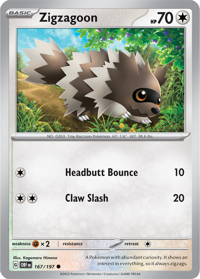 Zigzagoon #167/197 Common - Obsidian Flames Pokemon card